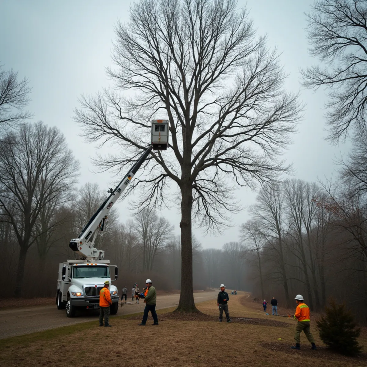 Bare deciduous tree being pruned in the dormant season in West Michigan
