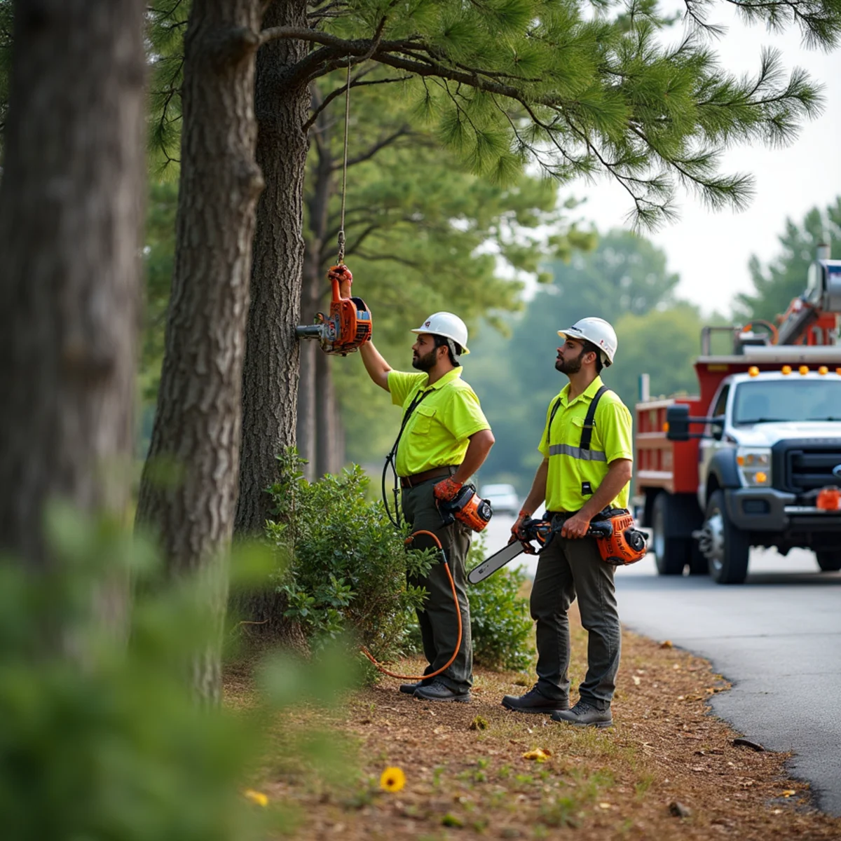 Commercial crew maintaining trees along a business parking lot in West Michigan