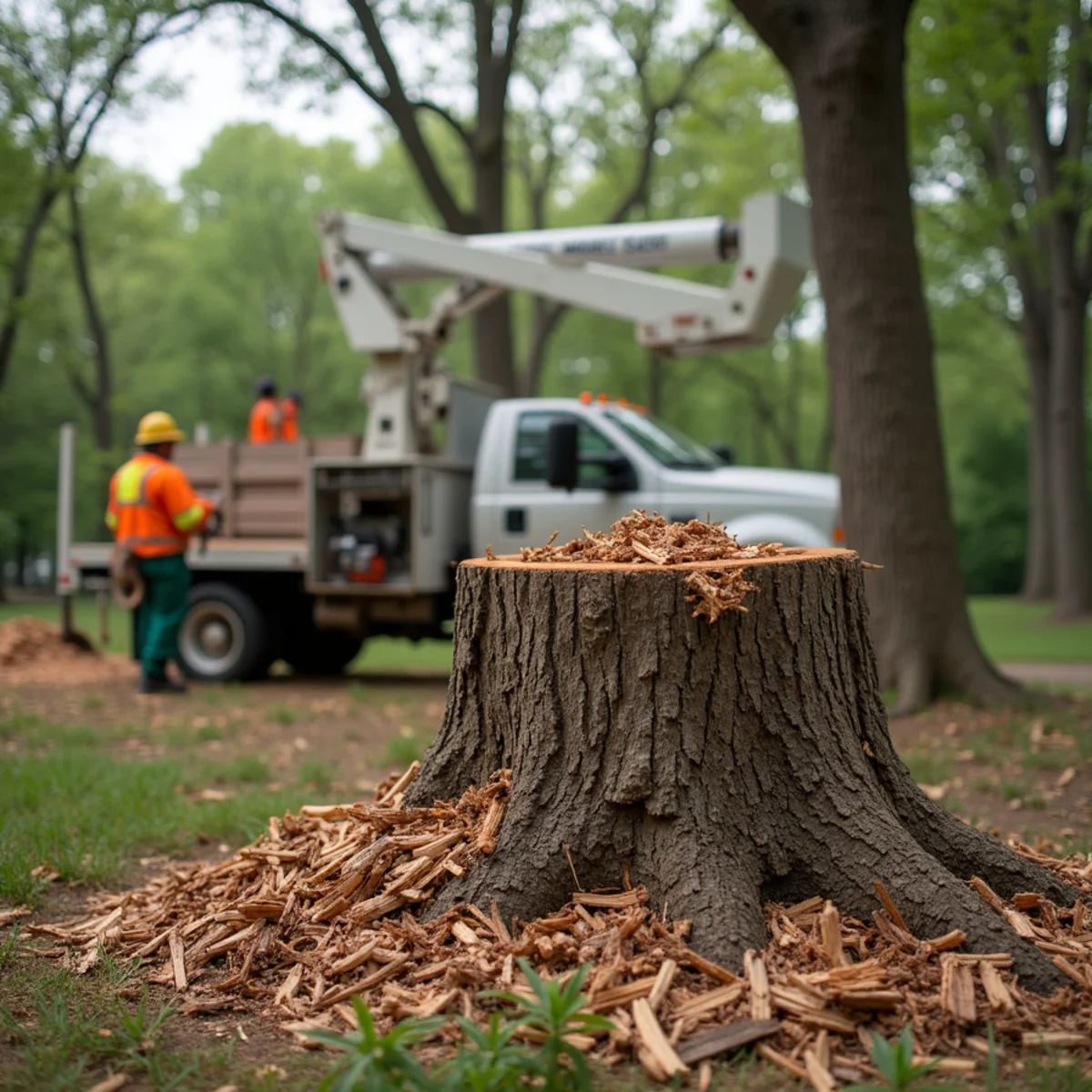 Freshly ground tree stump filled with wood chips in a Howard City, MI yard