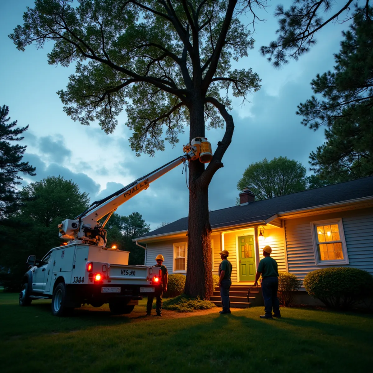 Emergency tree crew assessing a storm-damaged tree over a West Michigan home at dusk