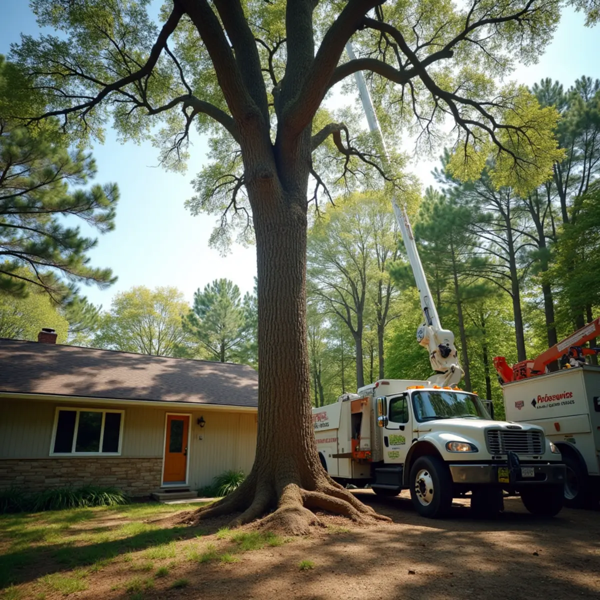 Large tree being removed in sections next to a Howard City, MI home