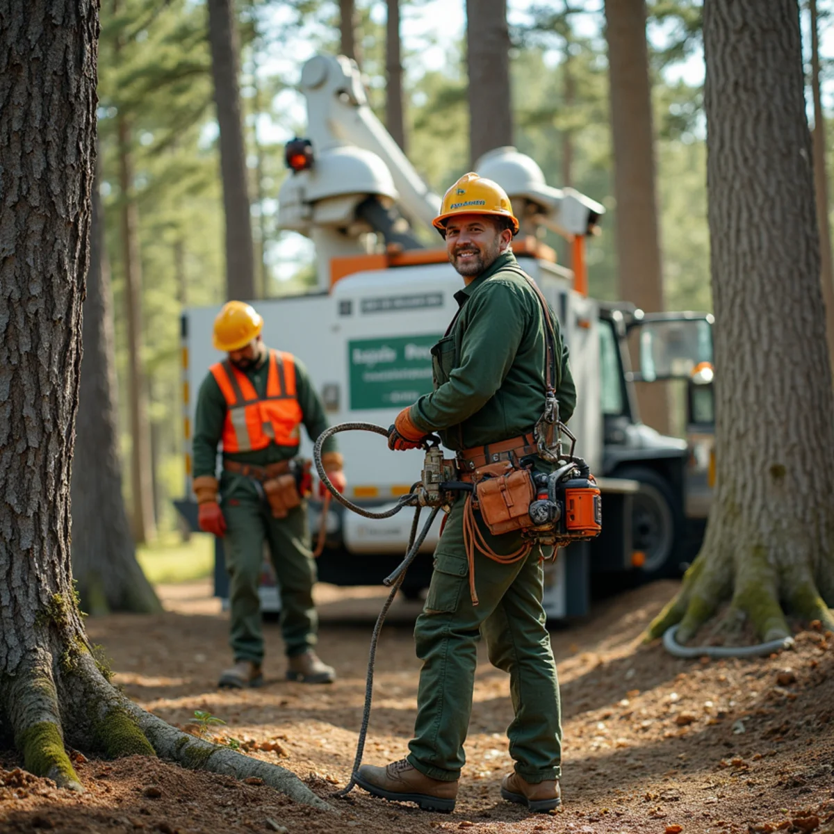 Professional tree crew in proper safety gear working on a West Michigan property