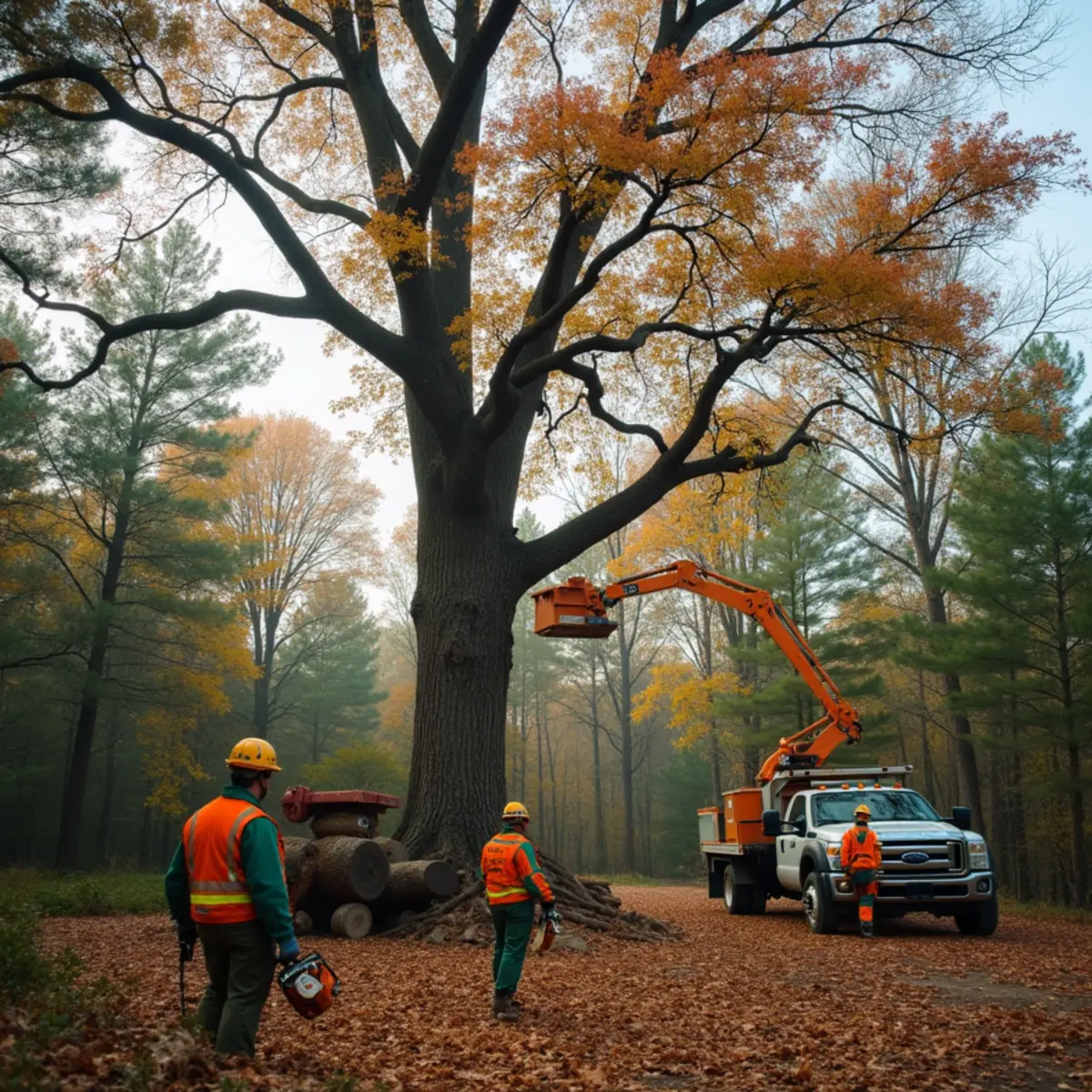 Red oak with browning, wilting canopy showing signs of oak wilt in Michigan