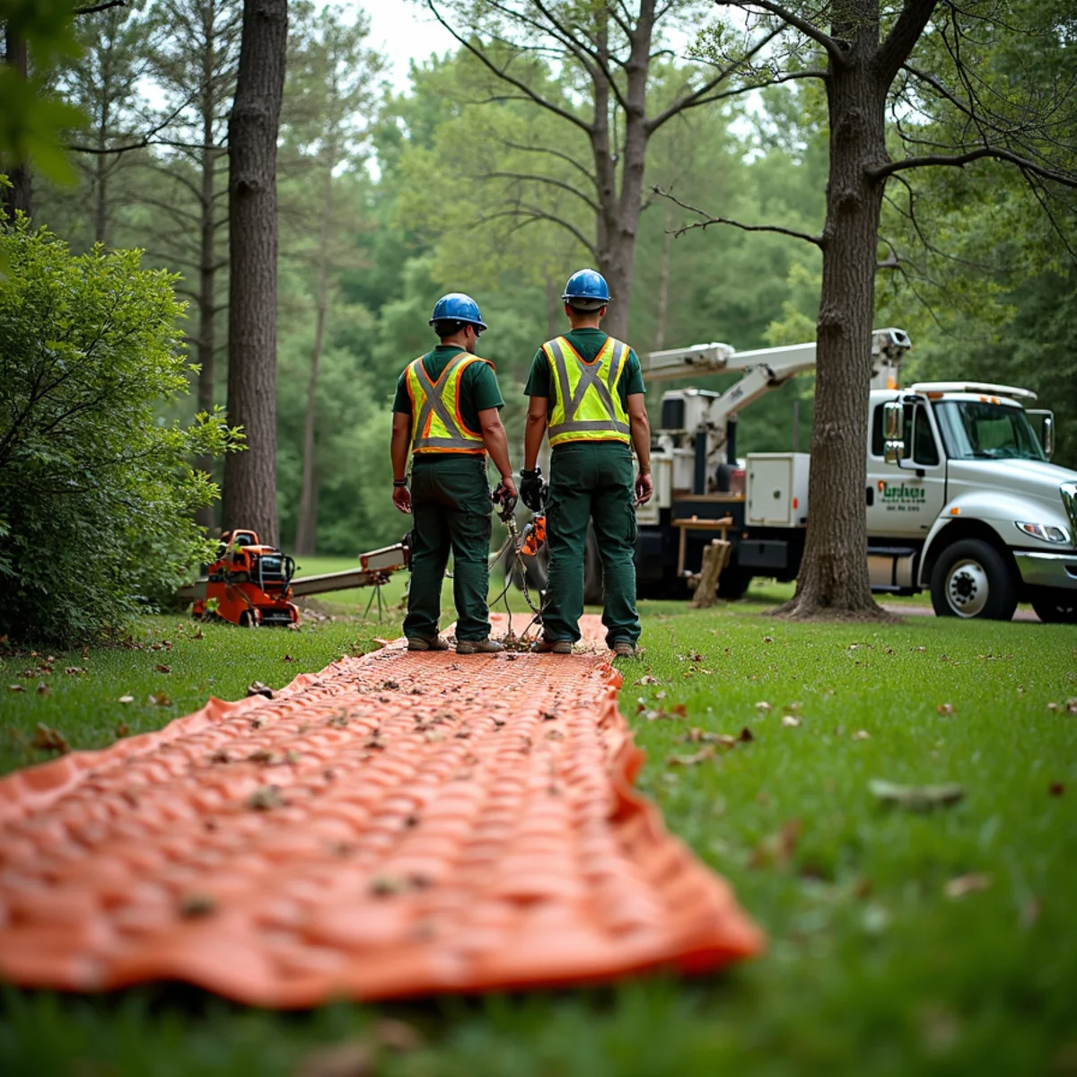 Ground protection mats laid across a lawn for a tree removal in West Michigan