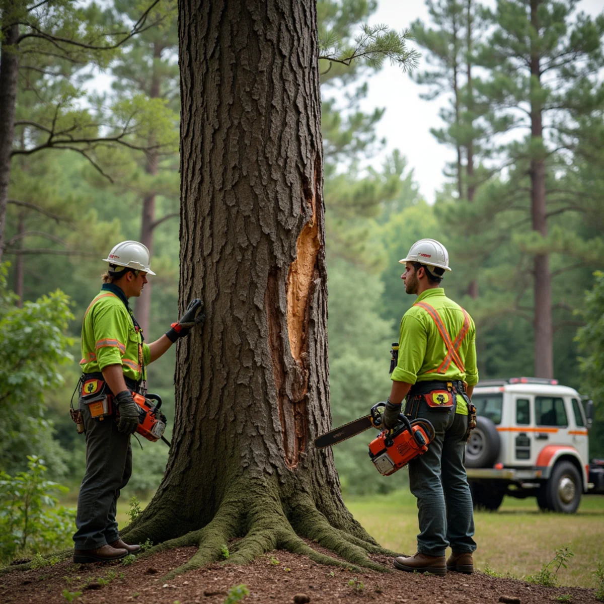 Arborist evaluating a large tree with a weak union to decide between pruning and removal
