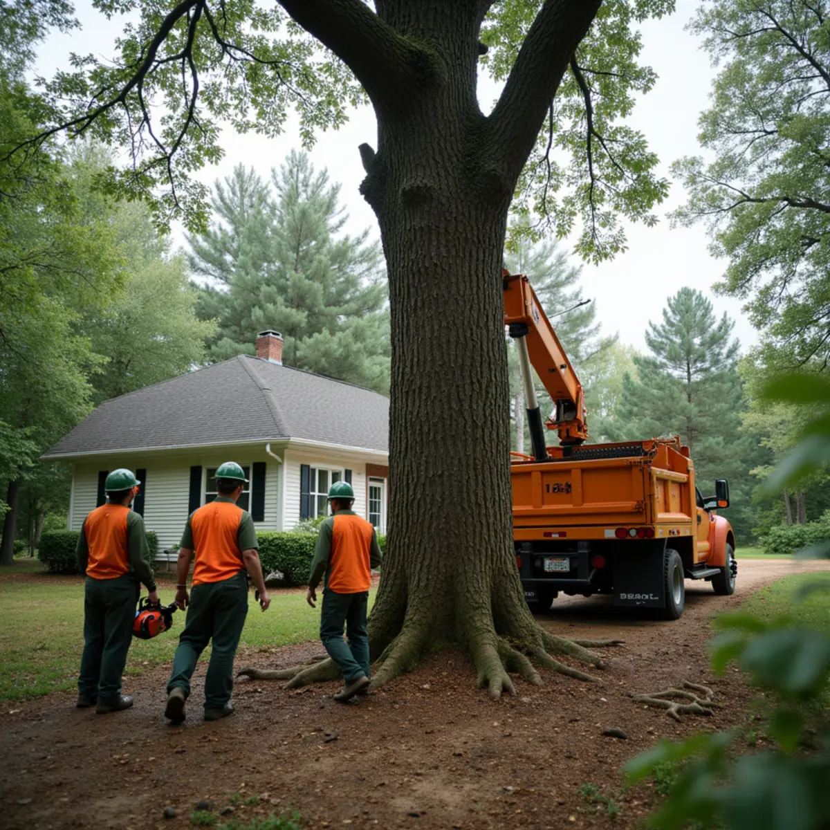 A large tree with a sudden new lean toward a West Michigan house