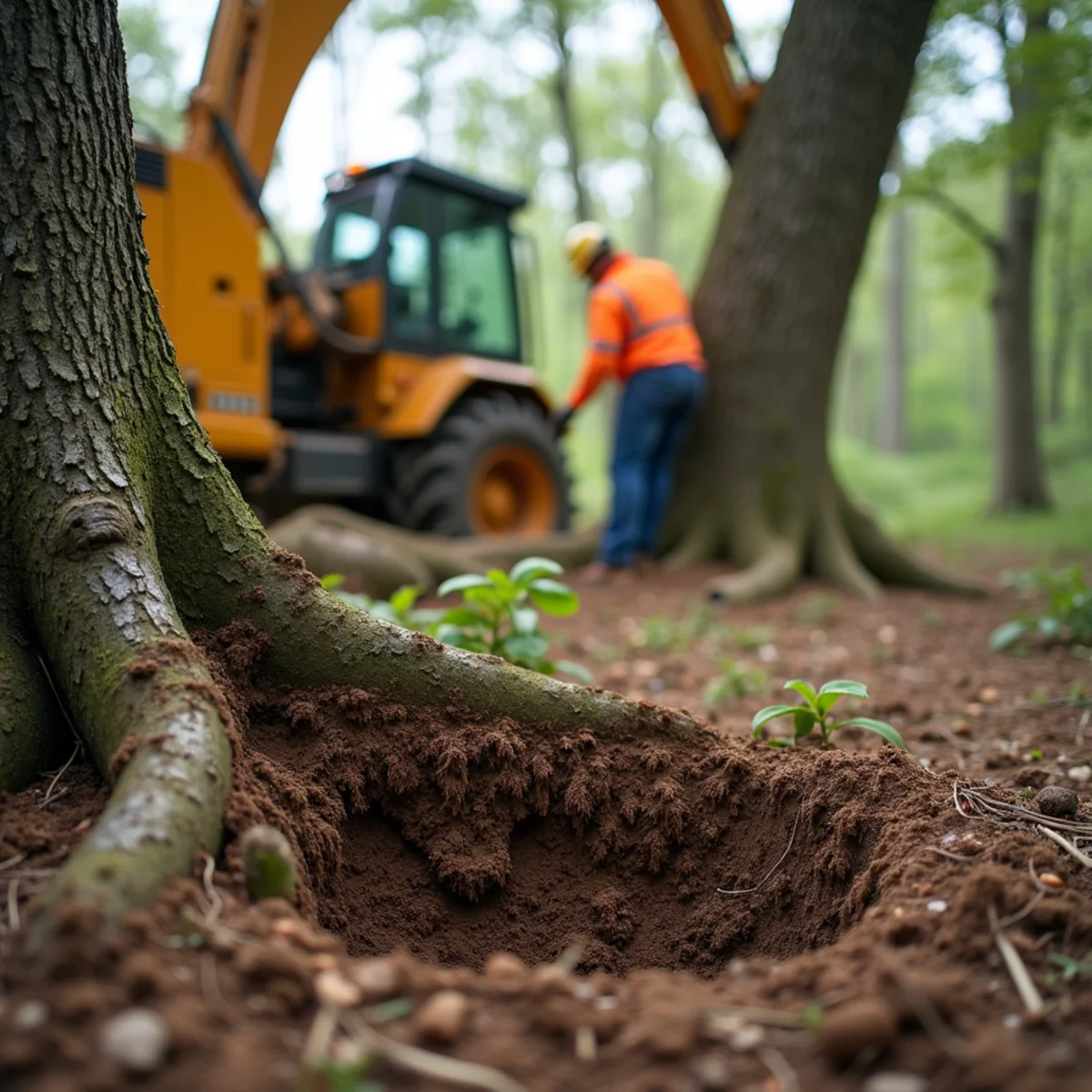 Cracked, heaving soil and lifting roots at the base of a leaning tree