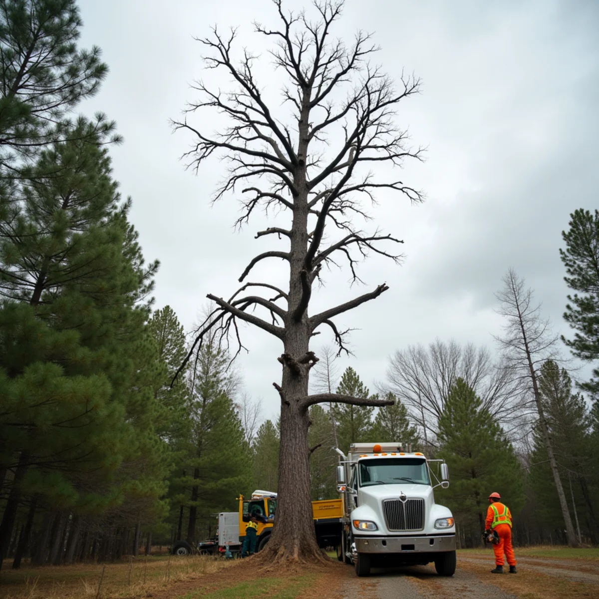 A tree with large dead limbs and a thin, dying canopy against a gray sky