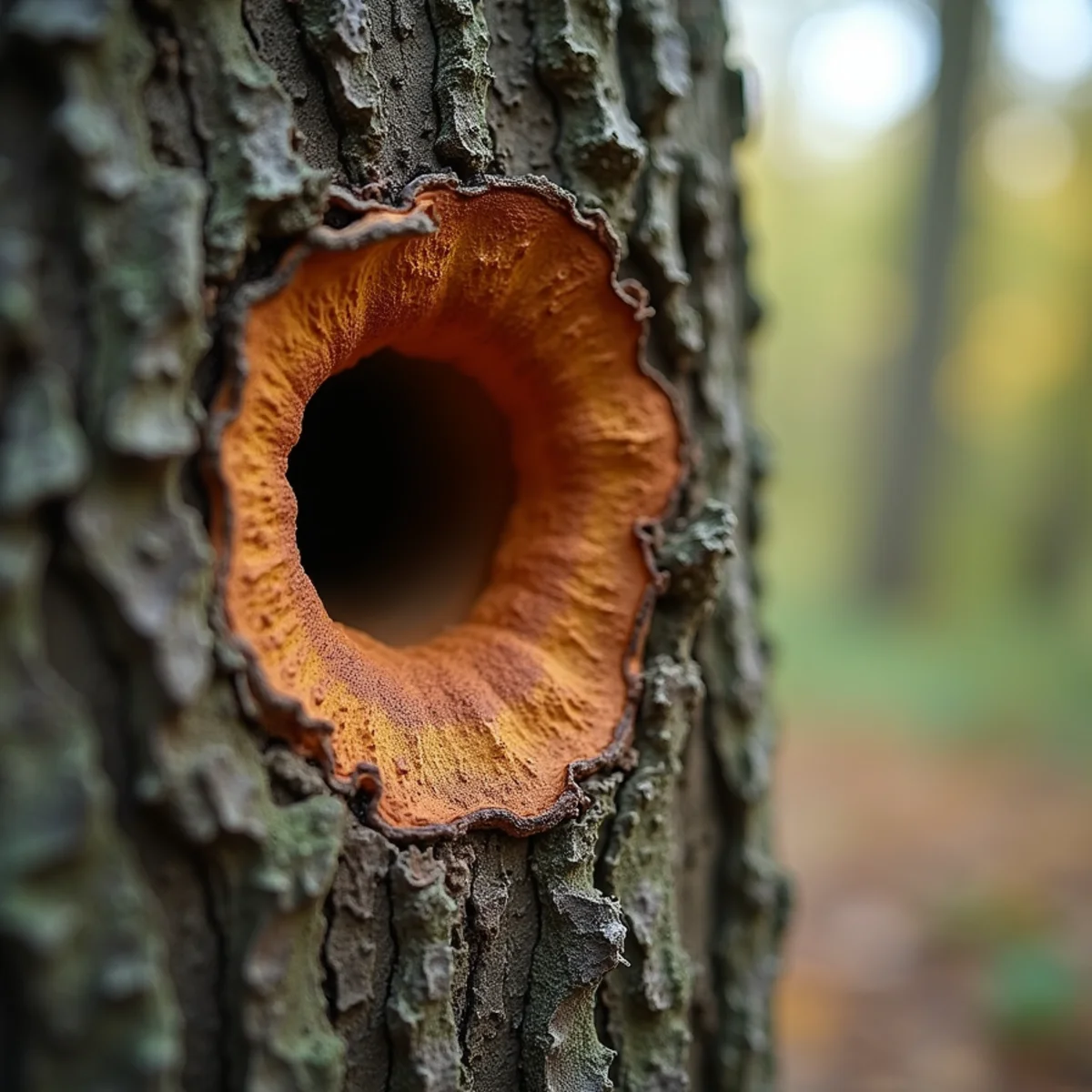 Shelf-like fungal conks and an open cavity on a decaying tree trunk