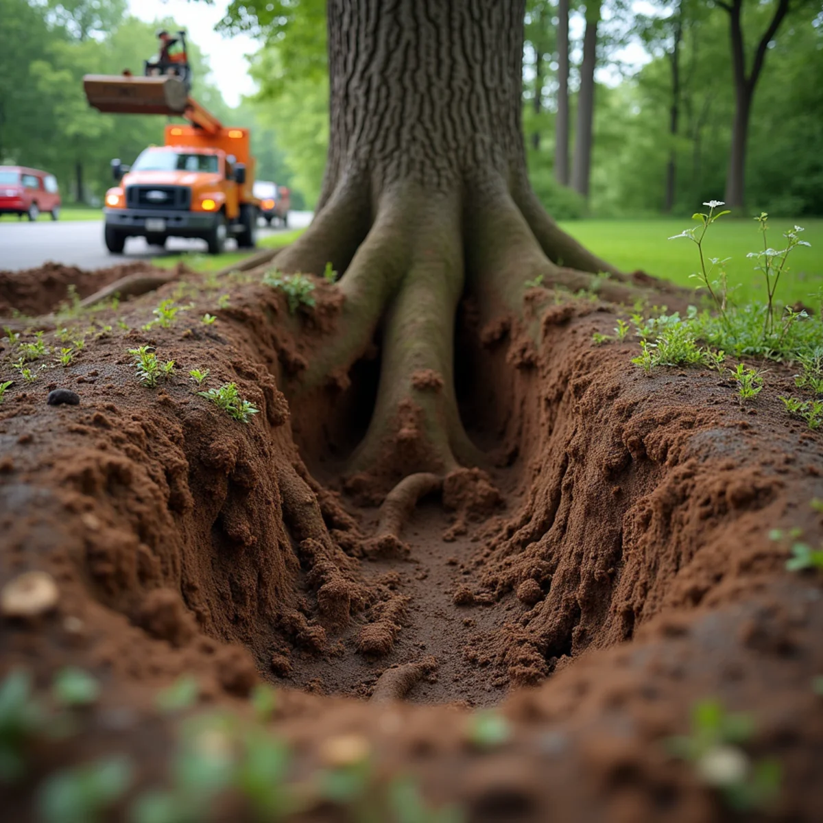 Severed tree roots exposed by trenching near a driveway