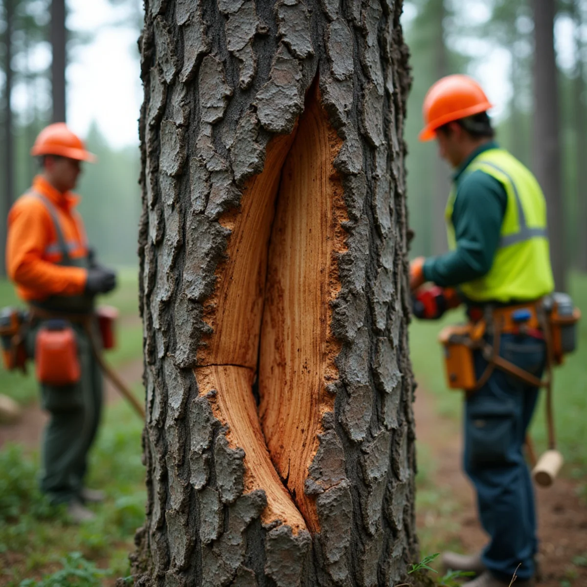 Close-up of a cracked trunk union and fungal conks on a hazardous tree