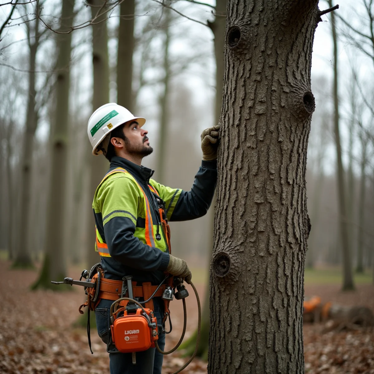 Arborist inspecting a large tree in early spring before storm season in West Michigan
