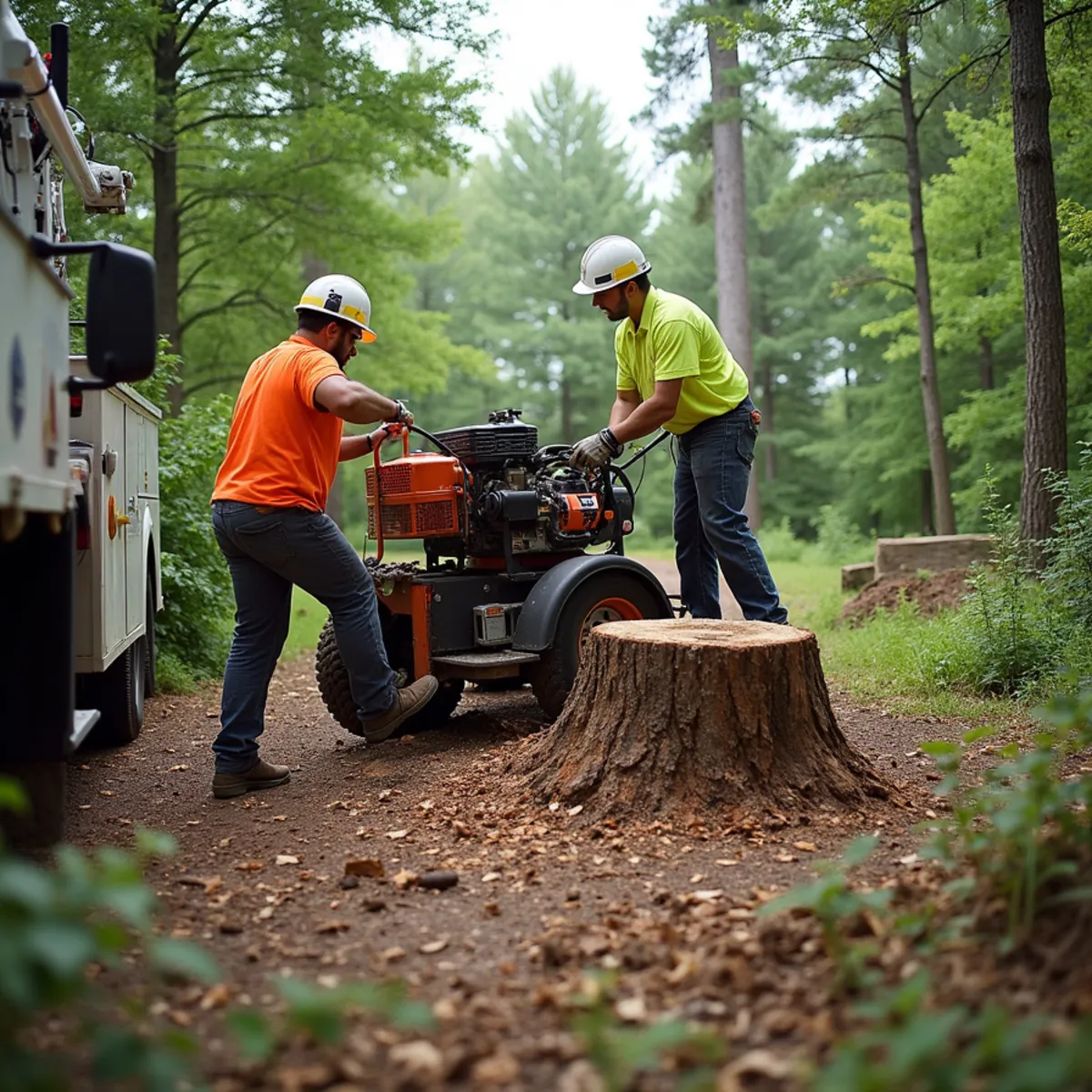 Stump grinder reducing a tree stump below grade compared with a fully excavated stump