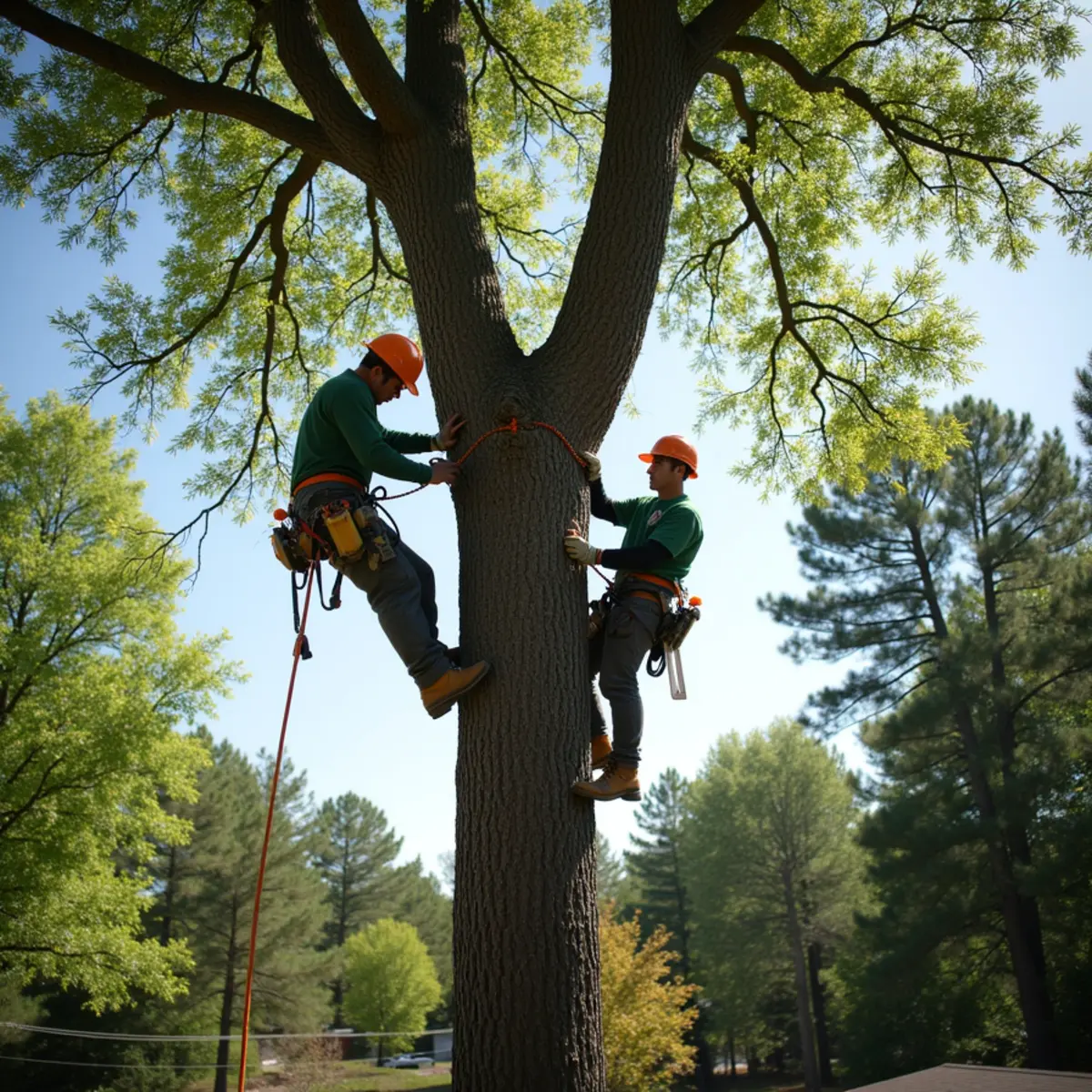 Support cable installed between two leaders high in a mature shade tree