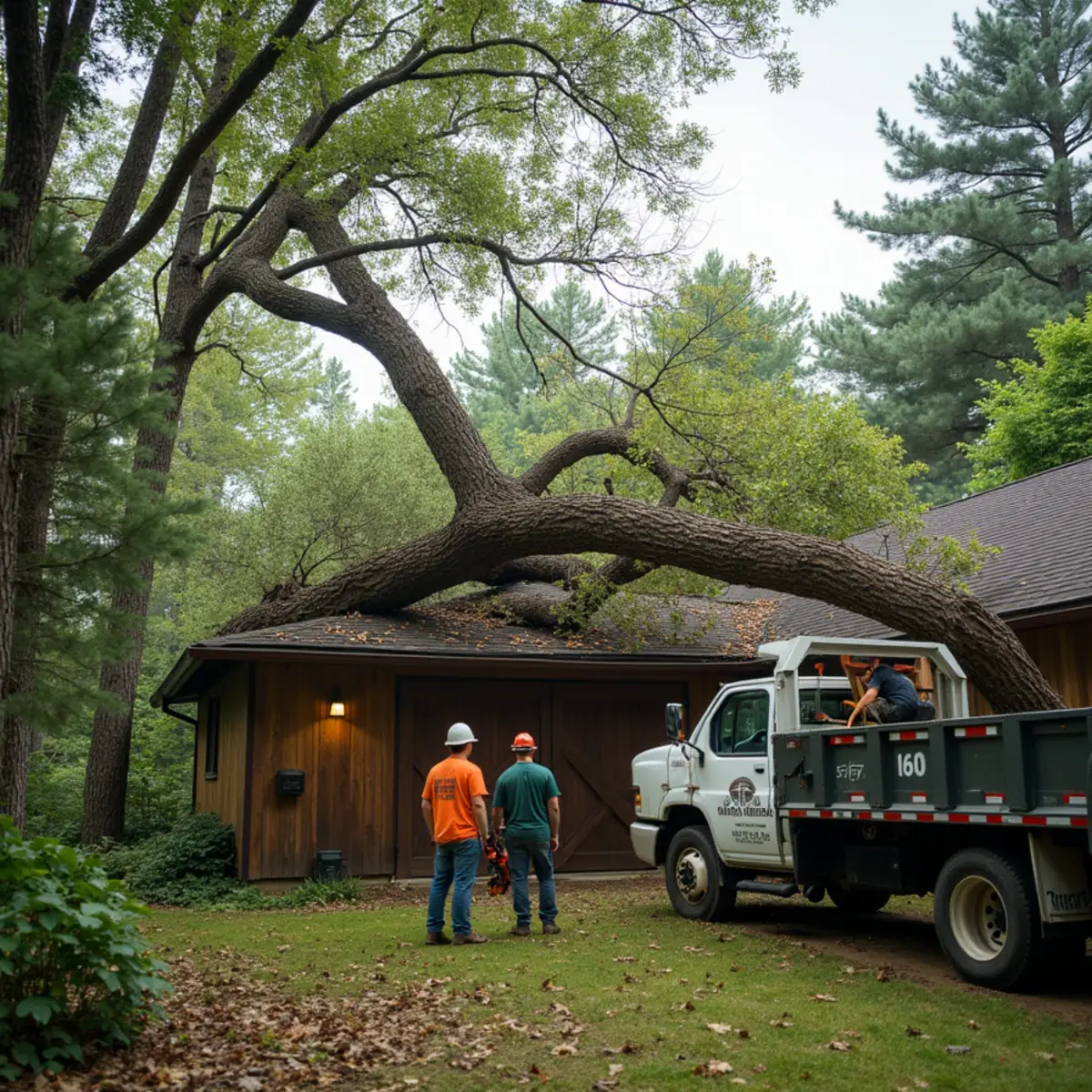 Storm-fallen tree resting on the roof of a West Michigan home