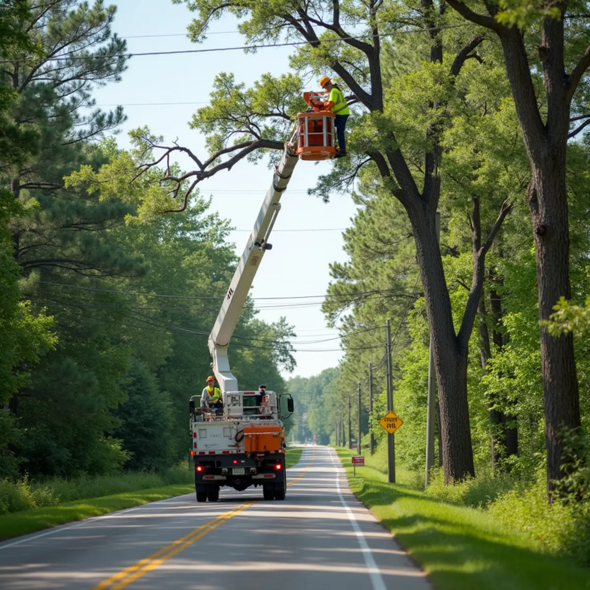 Tree limbs growing close to overhead power lines along a rural West Michigan road