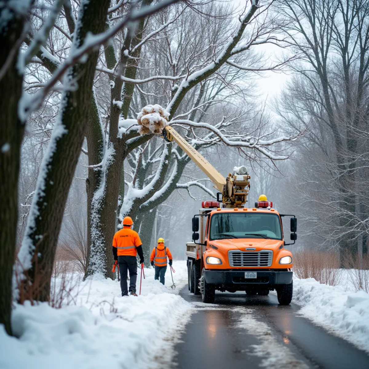 Tree limbs heavily loaded with ice and bending over a West Michigan driveway