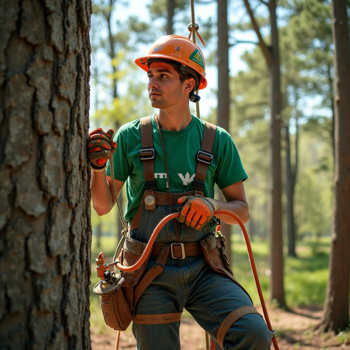 D & B Tree Service crew performing controlled tree rigging in Howard City, MI