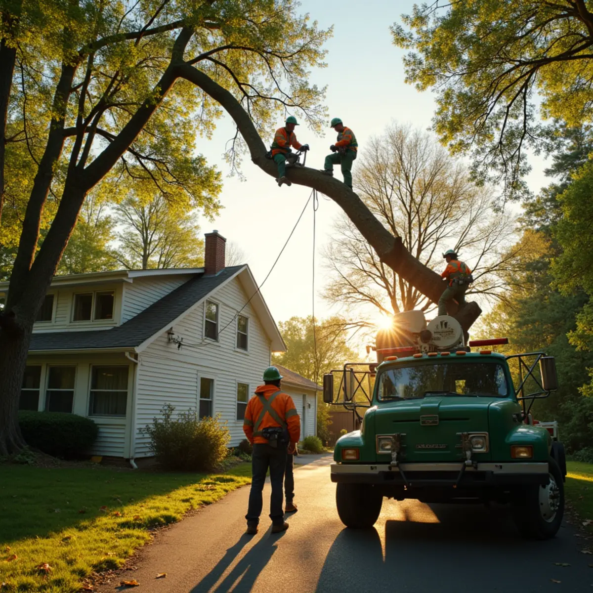 D & B Tree Service crew removing a large tree at a Howard City, Michigan home