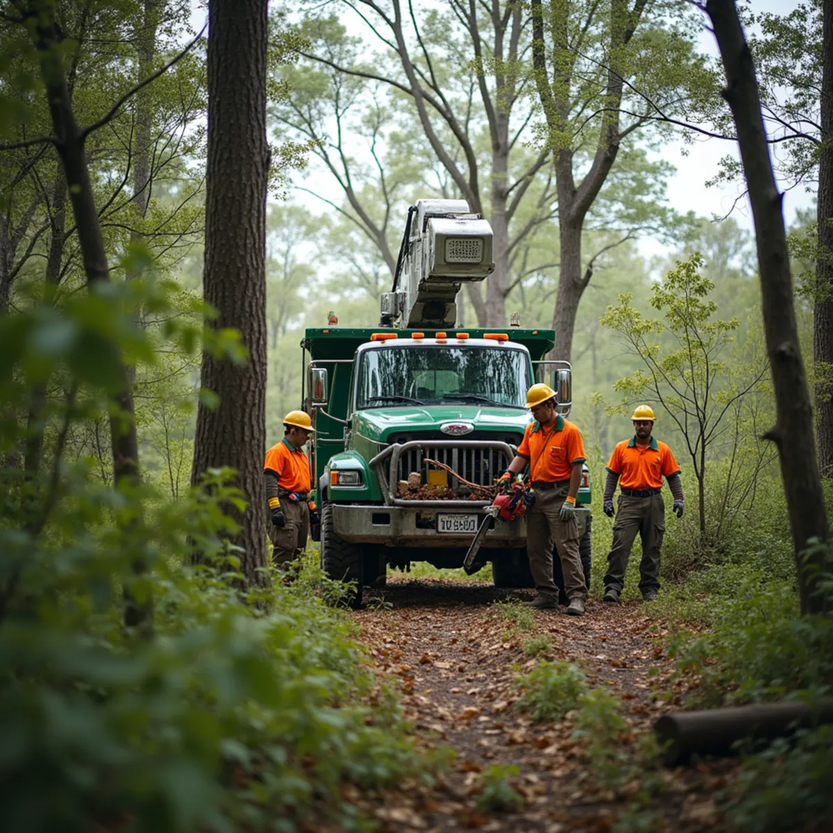 Crew clearing trees and brush from a rural building lot near Howard City, MI
