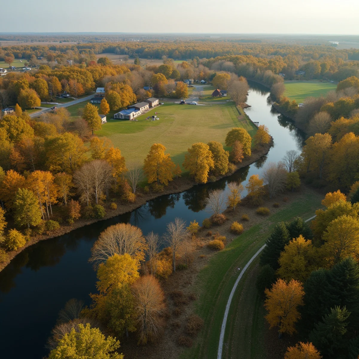 Aerial view of wooded West Michigan communities served by D & B Tree Service