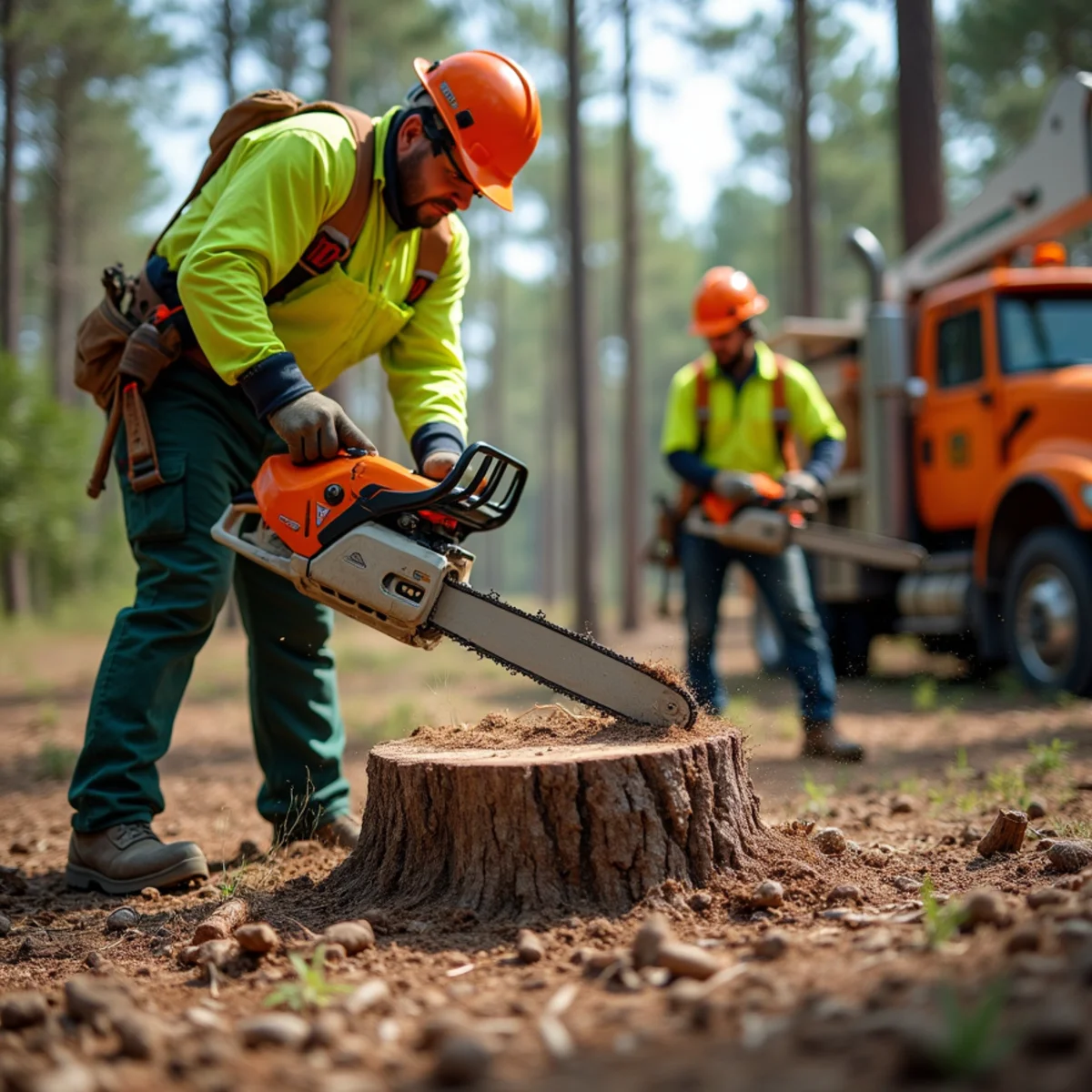 D & B Tree Service crew performing stump grinding in Howard City, MI