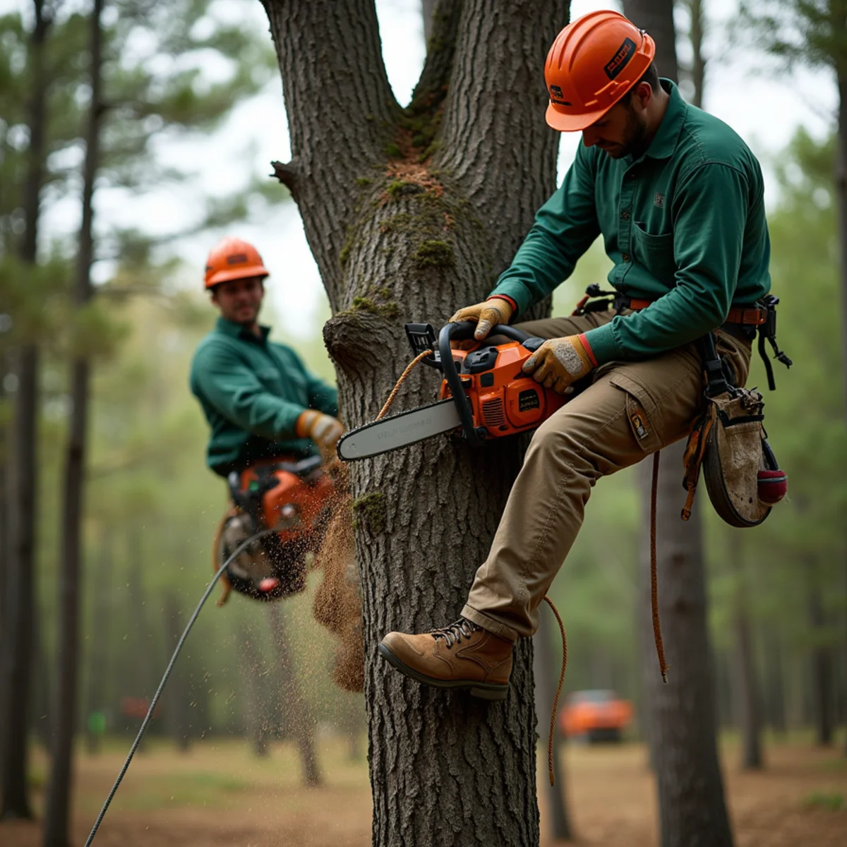D & B Tree Service crew performing tree climbing & technical removal in Howard City, MI